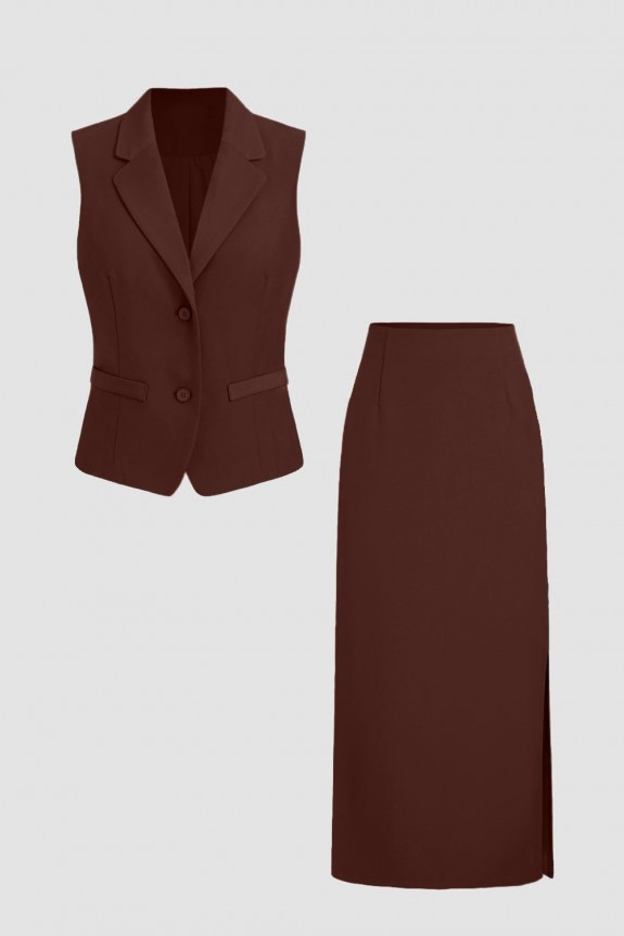  Set Of 2- Brown V-Neck Solid Button Waist Coat With Split Long Skirt
