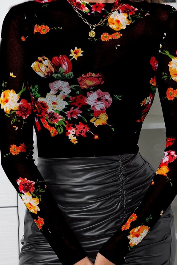 Floral Print Mock Neck Mesh Long Sleeves Top Without Bra