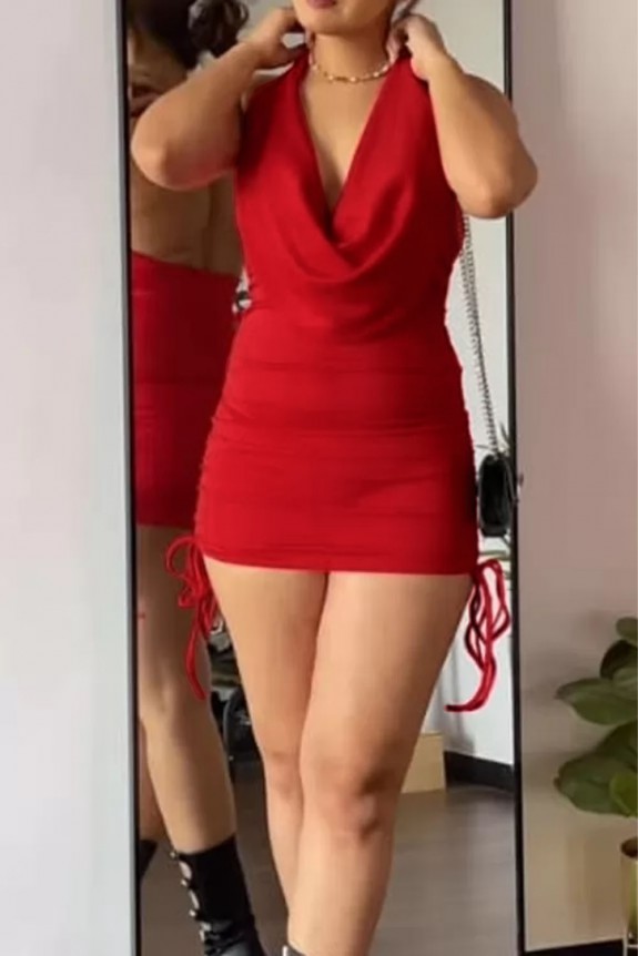 Cowl Neck Deep Back Red Mini Dress