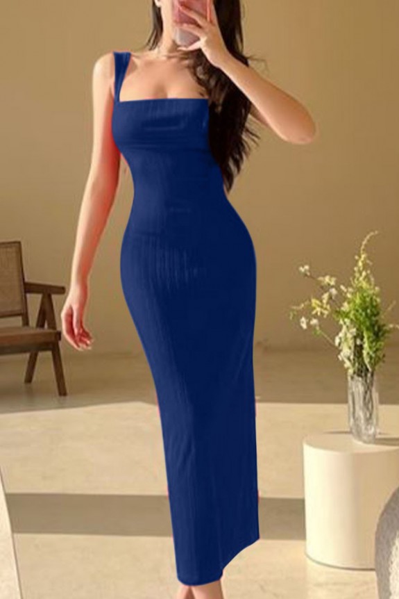 Blue Shoulder Straps Bodycon Maxi Dress